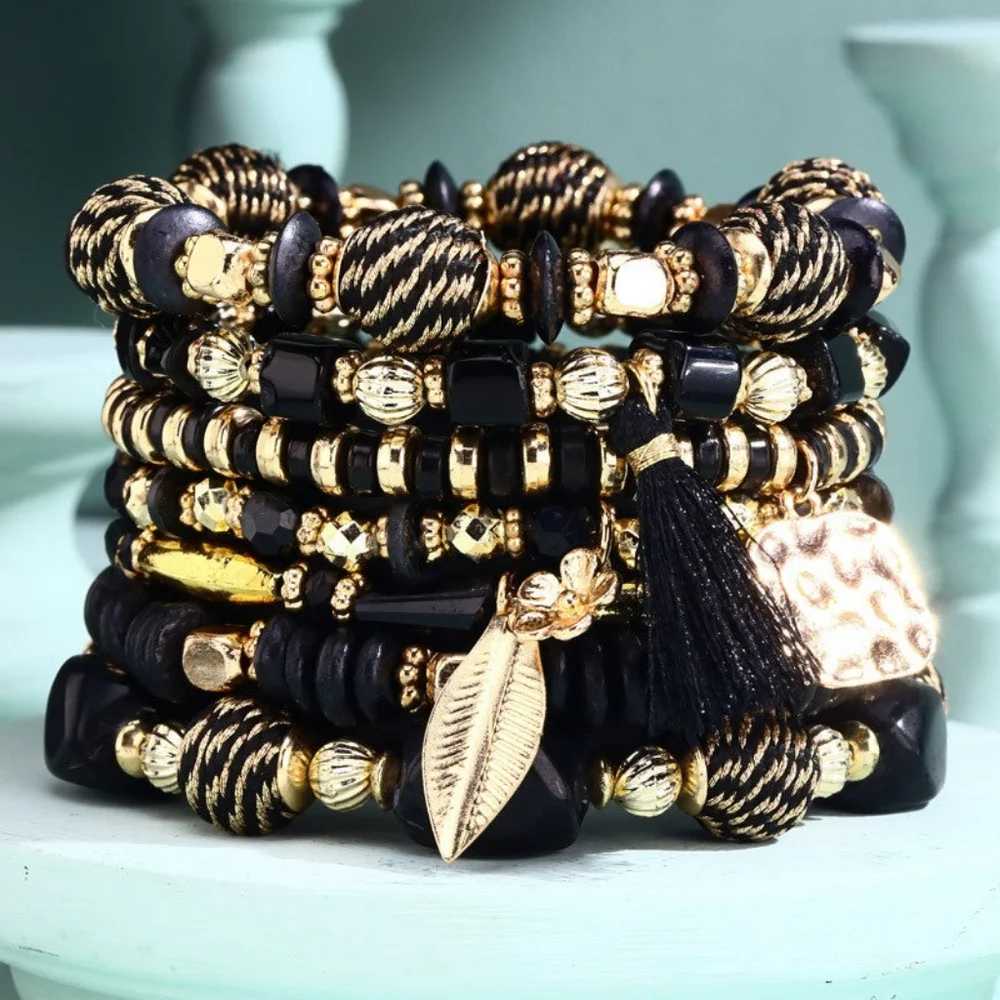 Formal Black & Gold Multi Textured Layered Beaded Bracelet Set w Golden Charms - Picture 2 of 3